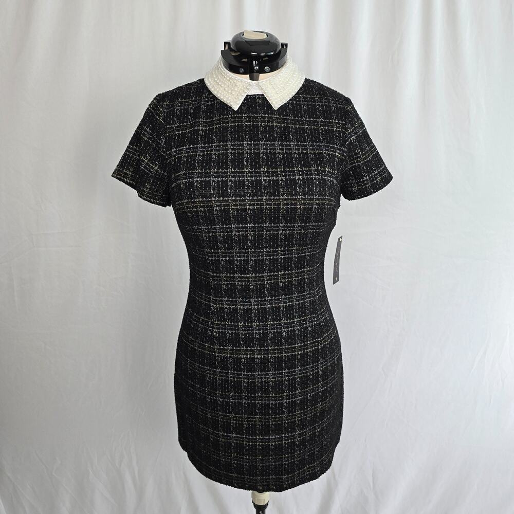 City Triangles Tweed Dress Women's L Black Gold Geo Faux Pearl Collar Mini NWT - Picture 14 of 14